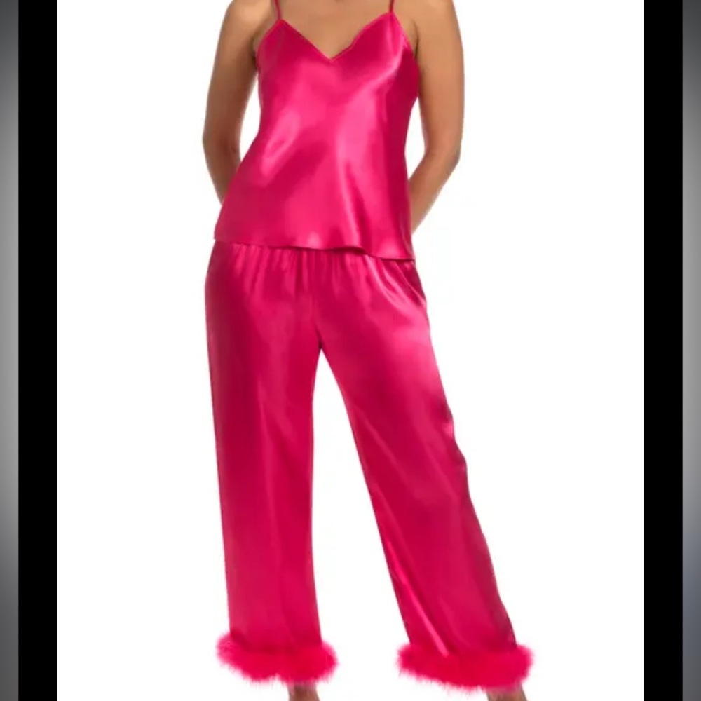 Red Satin Jumpsuit with Feather Trim